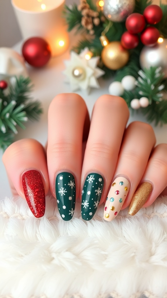 Elegant short Christmas nails with red, green, and gold designs on a festive background.